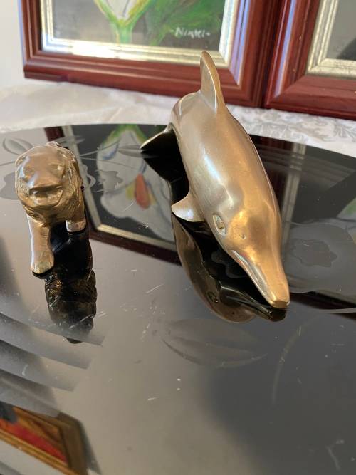 VINTAGE SOLID BRASS LARGE DOLPHIN and LION
