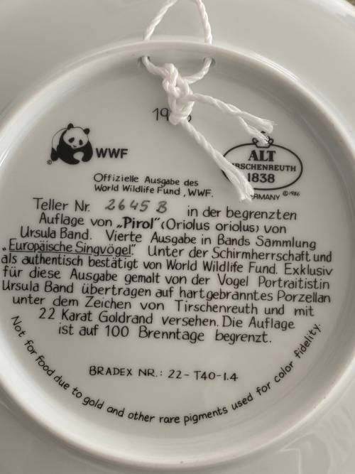 VINTAGE BY ALT TIRSCHENREUTH GERMANY SIGNED U. BAND and NUMBERED FOR WWF SET OF 7 x BIRD PLATES