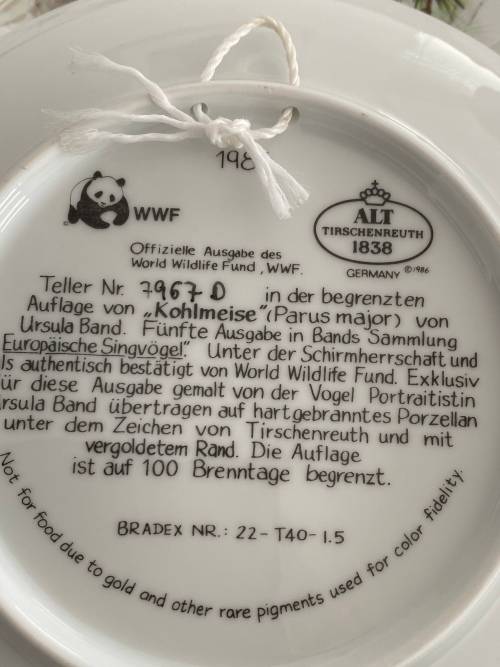 VINTAGE BY ALT TIRSCHENREUTH GERMANY SIGNED U. BAND and NUMBERED FOR WWF SET OF 7 x BIRD PLATES