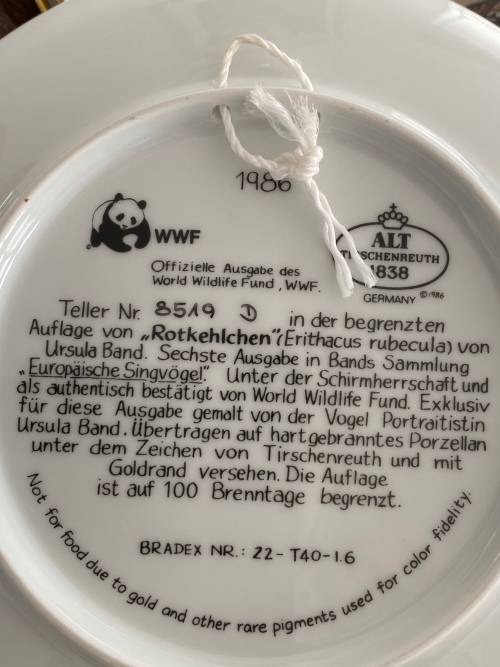 VINTAGE BY ALT TIRSCHENREUTH GERMANY SIGNED U. BAND and NUMBERED FOR WWF SET OF 7 x BIRD PLATES