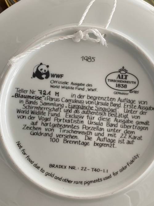 VINTAGE BY ALT TIRSCHENREUTH GERMANY SIGNED U. BAND and NUMBERED FOR WWF SET OF 7 x BIRD PLATES