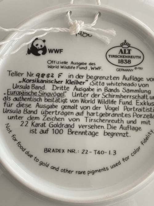 VINTAGE BY ALT TIRSCHENREUTH GERMANY SIGNED U. BAND and NUMBERED FOR WWF SET OF 7 x BIRD PLATES