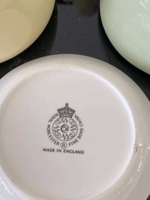 VINTAGE PORCELAIN PALE GREEN AND YELLOW VASES and ROYAL WORCESTER ENGLAND PORCELAIN PIN DISH