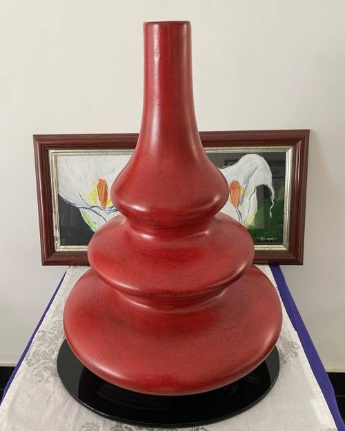 VINTAGE LARGE TALL RED 3 x TIERED CERAMIC DECORATIVE VASE
