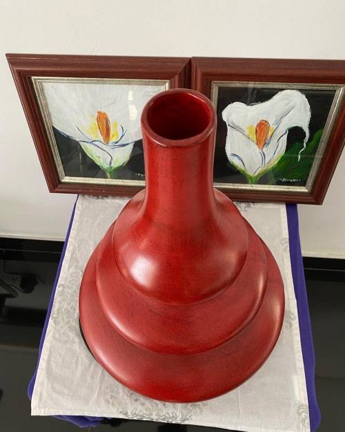 VINTAGE LARGE TALL RED 3 x TIERED CERAMIC DECORATIVE VASE