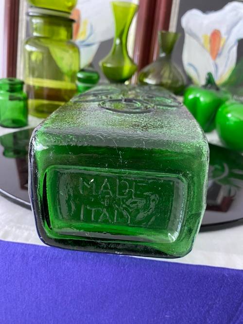 MID-CENTURY GREEN GLASS ITALY STAMPED LARGE TALL GRAPE EMBOSSED GENIE BOTTLE