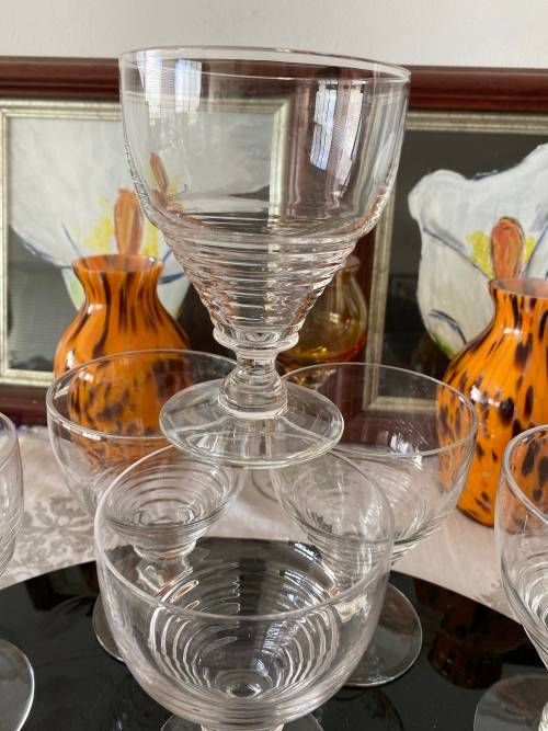 ART DECO 1930s STUART ENGLAND STAMPED CRYSTAL SET OF 6 x LARGE WINE GLASSES