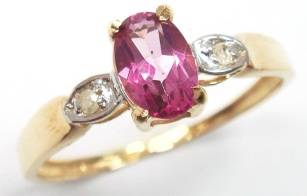 Beautiful solid 9kt gold and genuine pink topaz and diamonds ring.