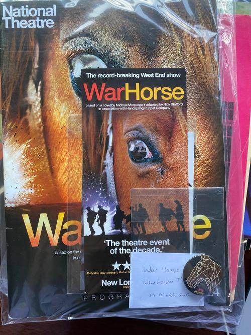 Programme and badge and Ad for War Horse, New London Theatre, 2012