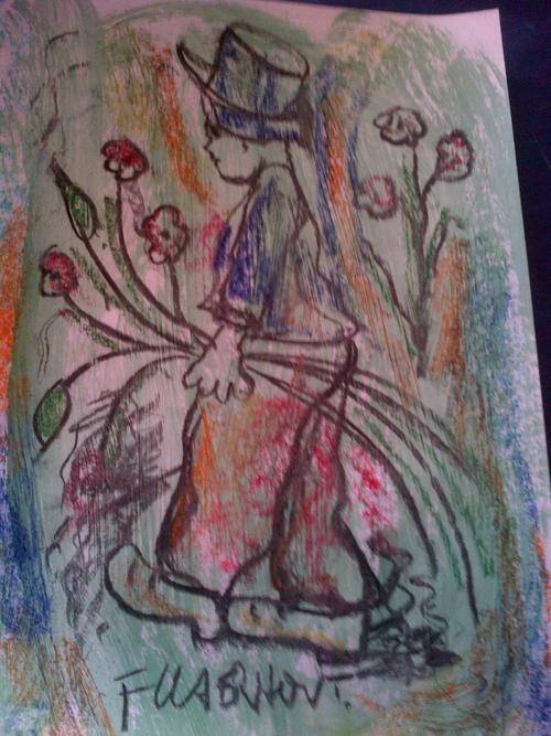 A3 Claerhout original, mannetjie gaan vrolik huis toe, oils, pastels and charcoal