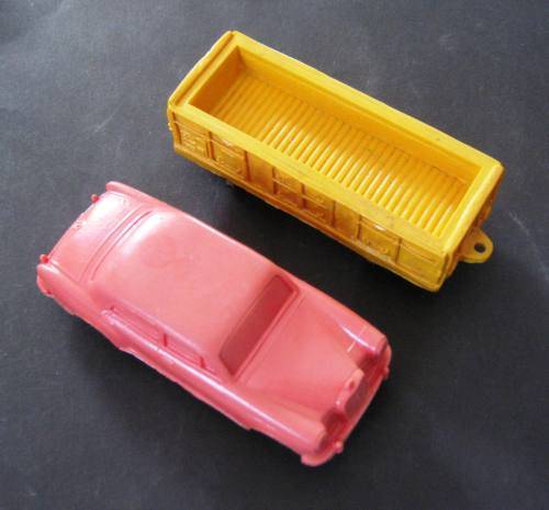 TWO "TOMTE LAERDAL" PLASTIC CARS FROM THE 60'S FROM NORWAY. NO 9 MERCEDES SEDAN AND COACH. NOT DINKY