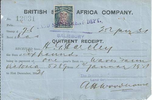 BSAC Receipt 1911 with Rhodesia Admiral die III used 7/6 as revenue stamp,  and scarce!