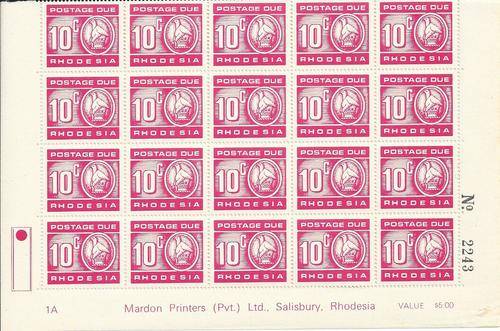 Rhodesia postage dues 1970 brown gum UM half sheet 20 stamps A1!!!!