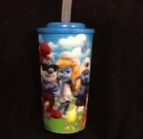 SMURFS PLASTIC CUP/ GLASS WITH STRAW - 3D PIC - 14CM - great for party favor