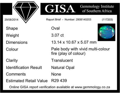 3.07ct NATURAL OPAL 'WELO RIDGE' Vivid Multi-colour FIRE Est. Retail : R29 439