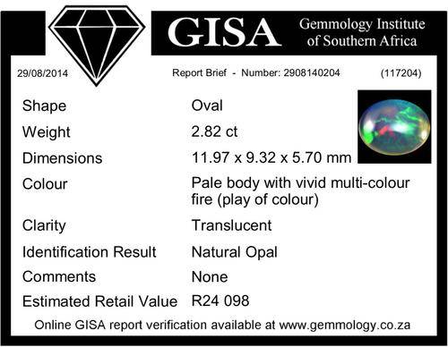 2.82ct NATURAL OPAL 'WELO RIDGE' Vivid Multi-colour FIRE Est. Retail : R24 098
