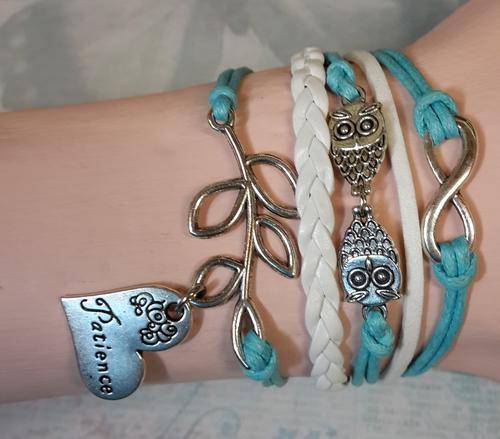 Infinity Bracelet - "Patience" Heart, Leaves, Owl & Infinity