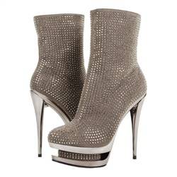 Crystallove Allover Rhinestone Inset Platform Ankle Boots GRAY