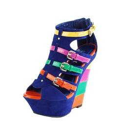 Rainbow Buckle Colorblock Suede Wedges BLUE