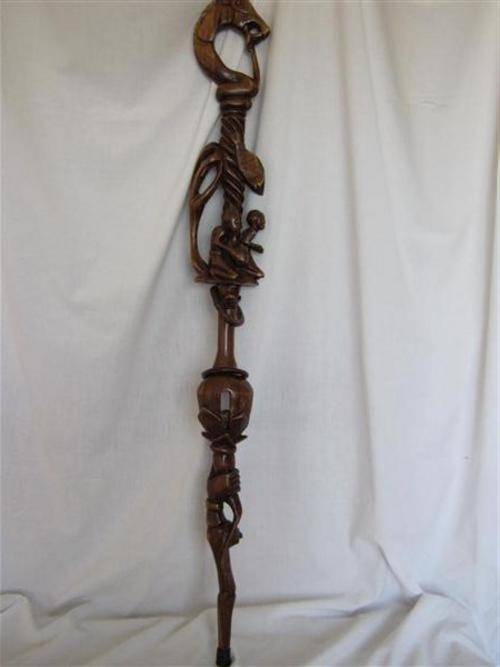 ELABORATELY HAND CARVED ETHNIC WALKING STICK..98cm LONG....A WORK OF ART...