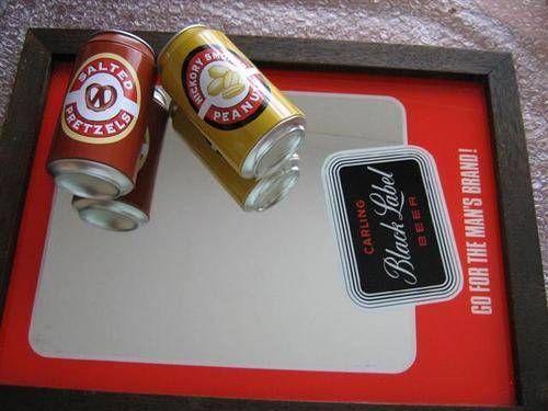 BLACK FRAMED BAR MIRROR AND TWO NUT CONTAINER IN CAN FORM