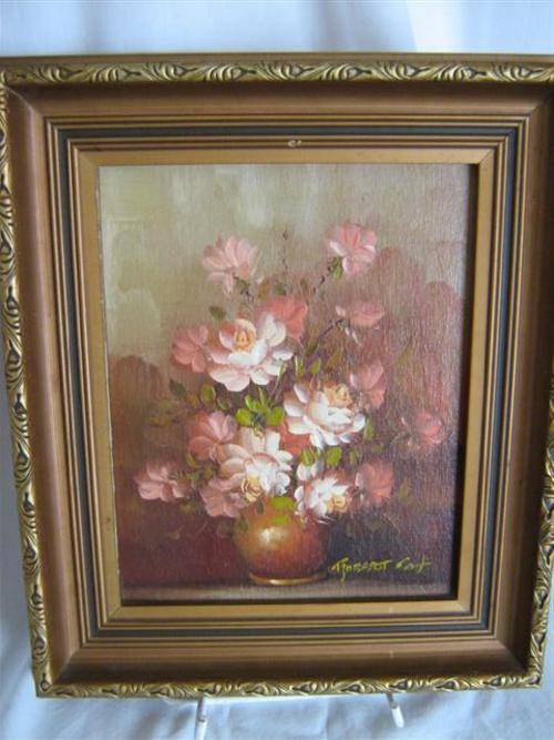 ROBERT COX PAINTING OF A BOWL OF FLOWERS.WITH GILDED FRAME