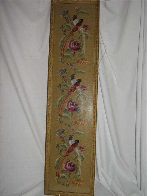 FRAMED TAPESTRY OF BIRDS AND FLOWERS BEHIND NON-REFLECTIVE GLASS