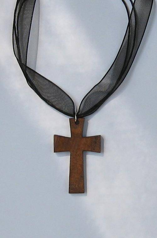 Weekend Special*** Wooden Cross on Black Organza & Silk Cord 45cm ***