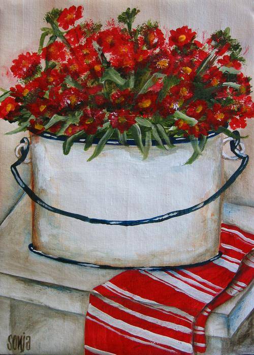 ***Acrylics - Still life with red flowers - Sonja Peacock***