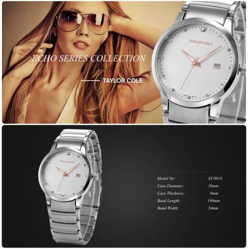 Stunning Calendar Display Stainless Steel Silver Bracelet Strap Quartz Wrist Women Crystal Dress Cas