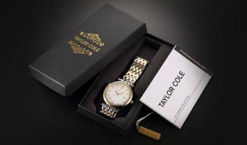 Authentic Taylor Cole Auto Date Display Crystal Rhinestones Gold Case Women Dress Watch