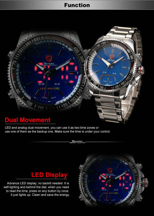 Authentic, Brand New Luxury MAKO SHARK Men's Sport Japan Quartz Analog Digital WATCH