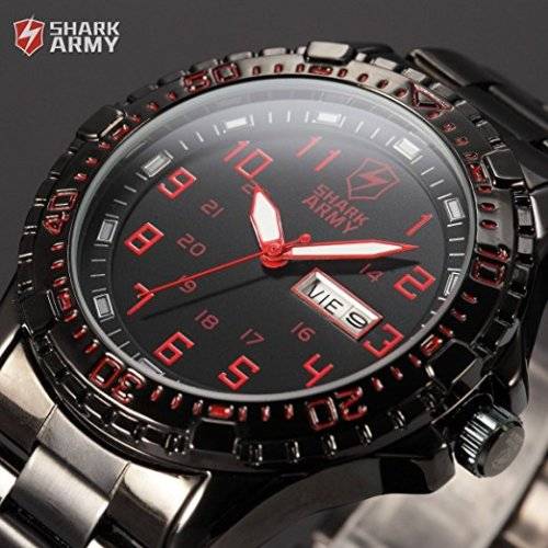 SHARK ARMY Date Day Black Stainless Steel Band Military Mens Quartz Sport Wrist Watch