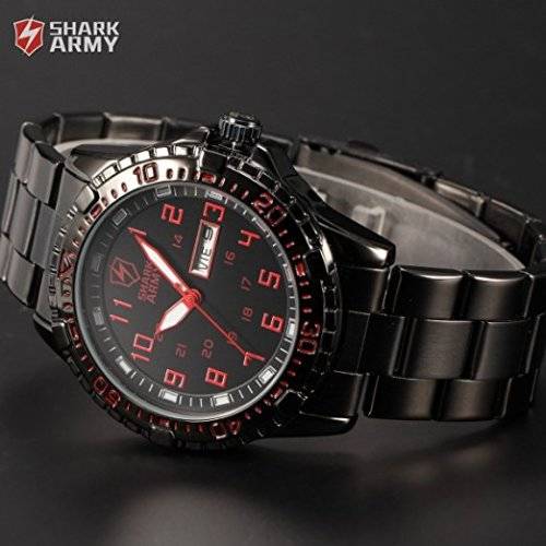 SHARK ARMY Date Day Black Stainless Steel Band Military Mens Quartz Sport Wrist Watch