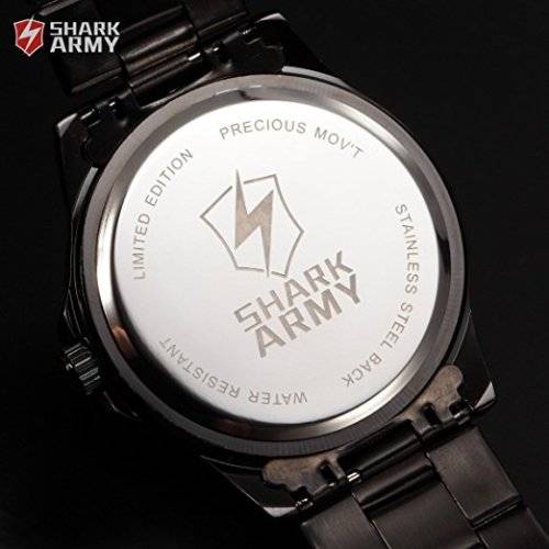 SHARK ARMY Date Day Black Stainless Steel Band Military Mens Quartz Sport Wrist Watch