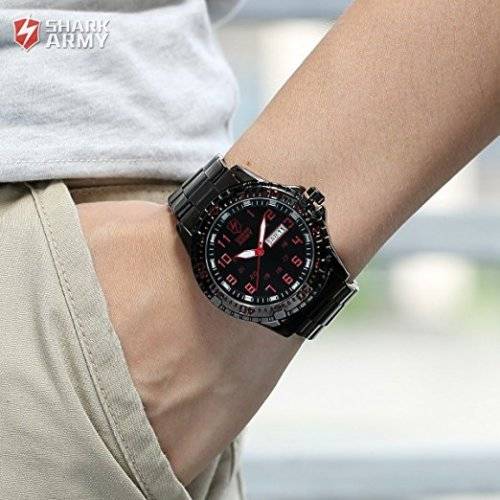 SHARK ARMY Date Day Black Stainless Steel Band Military Mens Quartz Sport Wrist Watch