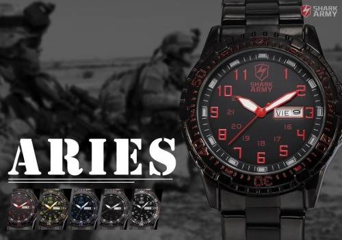 SHARK ARMY Date Day Black Stainless Steel Band Military Mens Quartz Sport Wrist Watch
