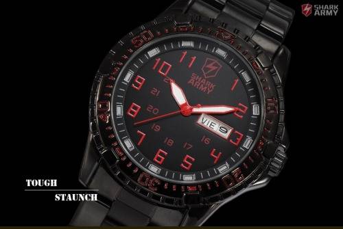 SHARK ARMY Date Day Black Stainless Steel Band Military Mens Quartz Sport Wrist Watch