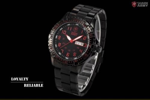 SHARK ARMY Date Day Black Stainless Steel Band Military Mens Quartz Sport Wrist Watch