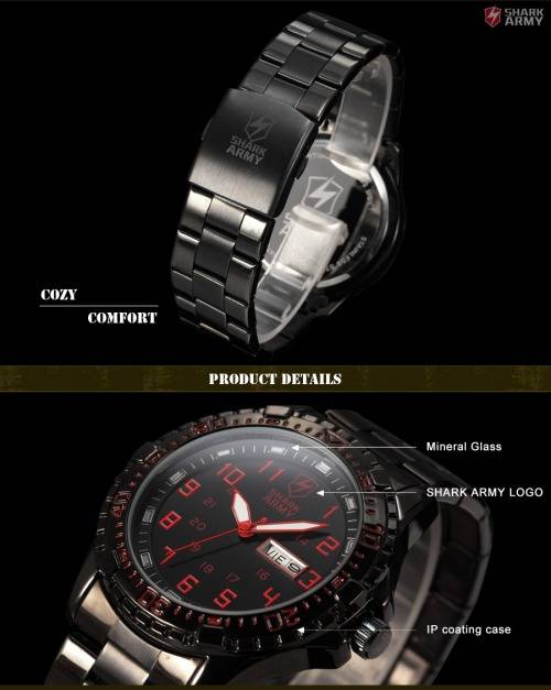 SHARK ARMY Date Day Black Stainless Steel Band Military Mens Quartz Sport Wrist Watch