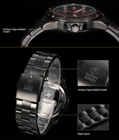 SHARK ARMY Date Day Black Stainless Steel Band Military Mens Quartz Sport Wrist Watch