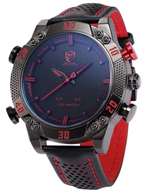 New Shark Men's LED Date Day Alarm Digital Analog Quartz Sport Black, Red Leather Band Wrist Watch