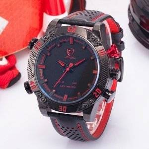 New Shark Men's LED Date Day Alarm Digital Analog Quartz Sport Black, Red Leather Band Wrist Watch