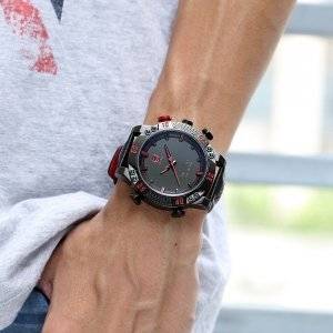New Shark Men's LED Date Day Alarm Digital Analog Quartz Sport Black, Red Leather Band Wrist Watch