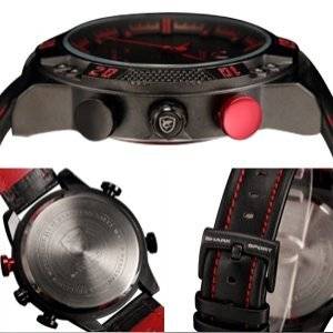 New Shark Men's LED Date Day Alarm Digital Analog Quartz Sport Black, Red Leather Band Wrist Watch