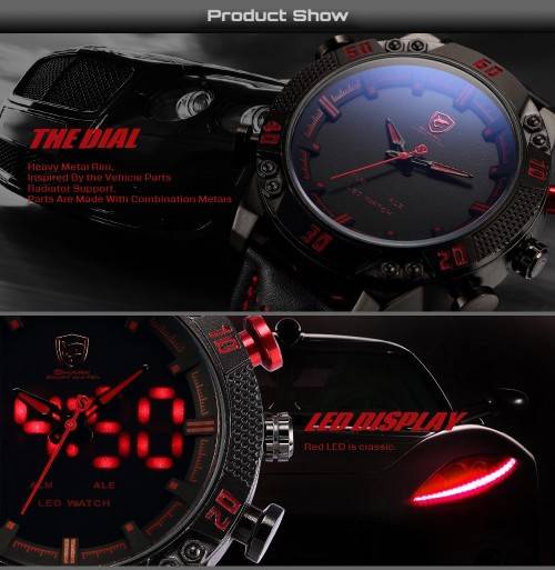 New Shark Men's LED Date Day Alarm Digital Analog Quartz Sport Black, Red Leather Band Wrist Watch