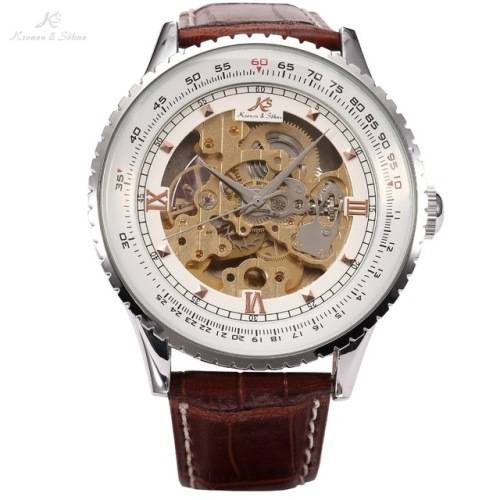 Authentic, Brand New Luxury KS Carving Golden Skeleton Auto Mechanical Brown Leather Elegant Men's W
