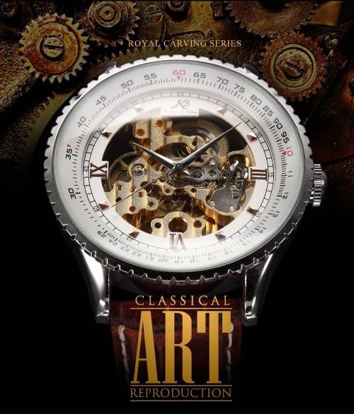 Authentic, Brand New Luxury KS Carving Golden Skeleton Auto Mechanical Brown Leather Elegant Men's W