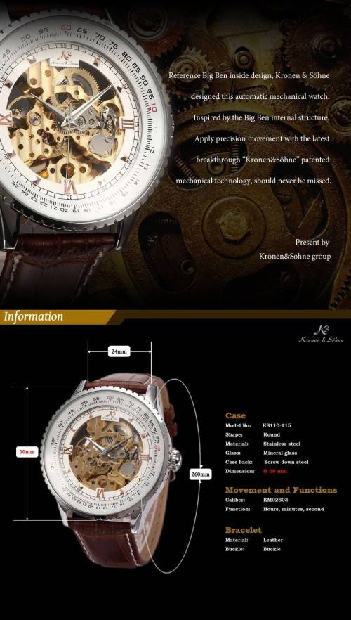 Authentic, Brand New Luxury KS Carving Golden Skeleton Auto Mechanical Brown Leather Elegant Men's W