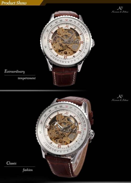 Authentic, Brand New Luxury KS Carving Golden Skeleton Auto Mechanical Brown Leather Elegant Men's W